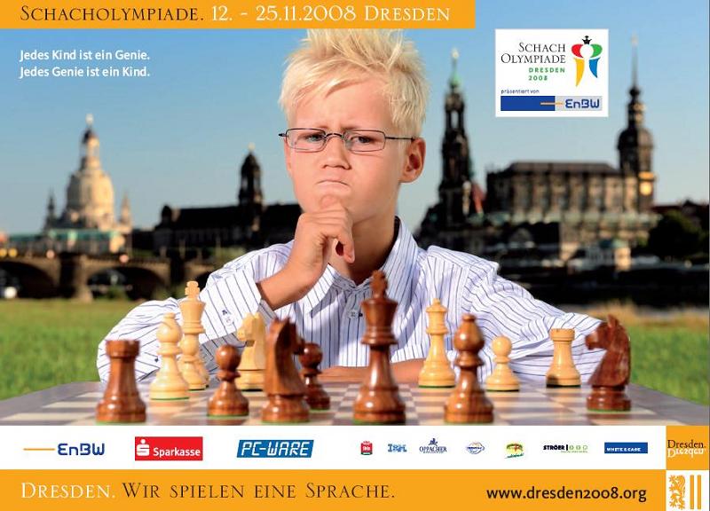 Imageplakat der Schacholympiade
    Vor der Kulisse der achtjhrige Dresdner Tim Wagner